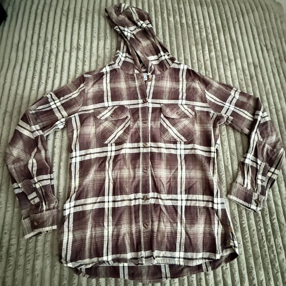 Carhartt Plaid Hooded Flannel Button Down Plum Cream Women’s M